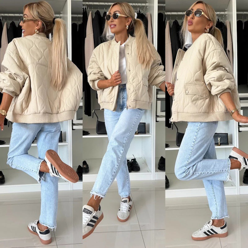 Winter Stitched Jacket Chic Fashion Casual Buckle Coat Women's Solid Color Long Sleeved Top Outwear Clothing