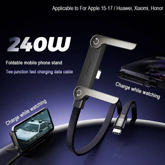 Type-C Foldable Charging Cable with Stand 240W Fast Charge 2-in-1 Cord for Phone/Tablet Type-C to C & USB-A to C