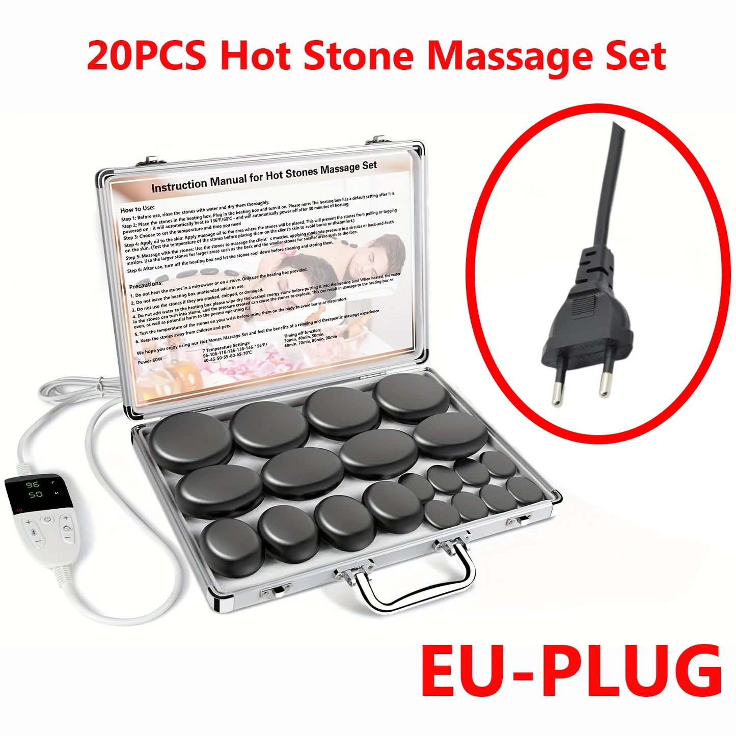 HOT STONE MASSAGE SET WITH TEMPERATURE ADJUSTMENT - Hot Stone Massage Set with Heater, Professional Spa Massage Tool - For Neck,