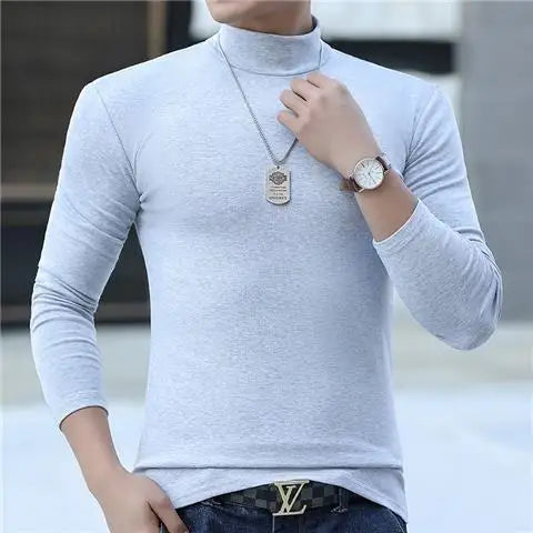 Fashion Men's Oversize High Collar Long Sleeves Autumn Winter Pure Thermal Shirt for Men Layering Stylish T-Shirt