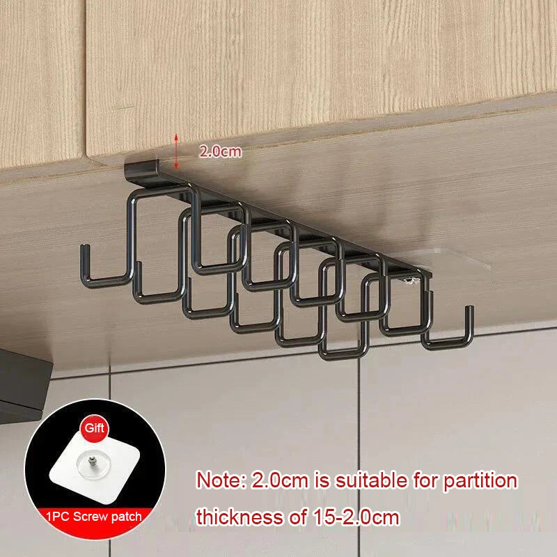 Double-row Hooks Punch-free Kitchen Cupboard Under Shelf Mug Cup Hanger Hook Iron Hanging Rack Holder Kitchen Cabinet Organizer