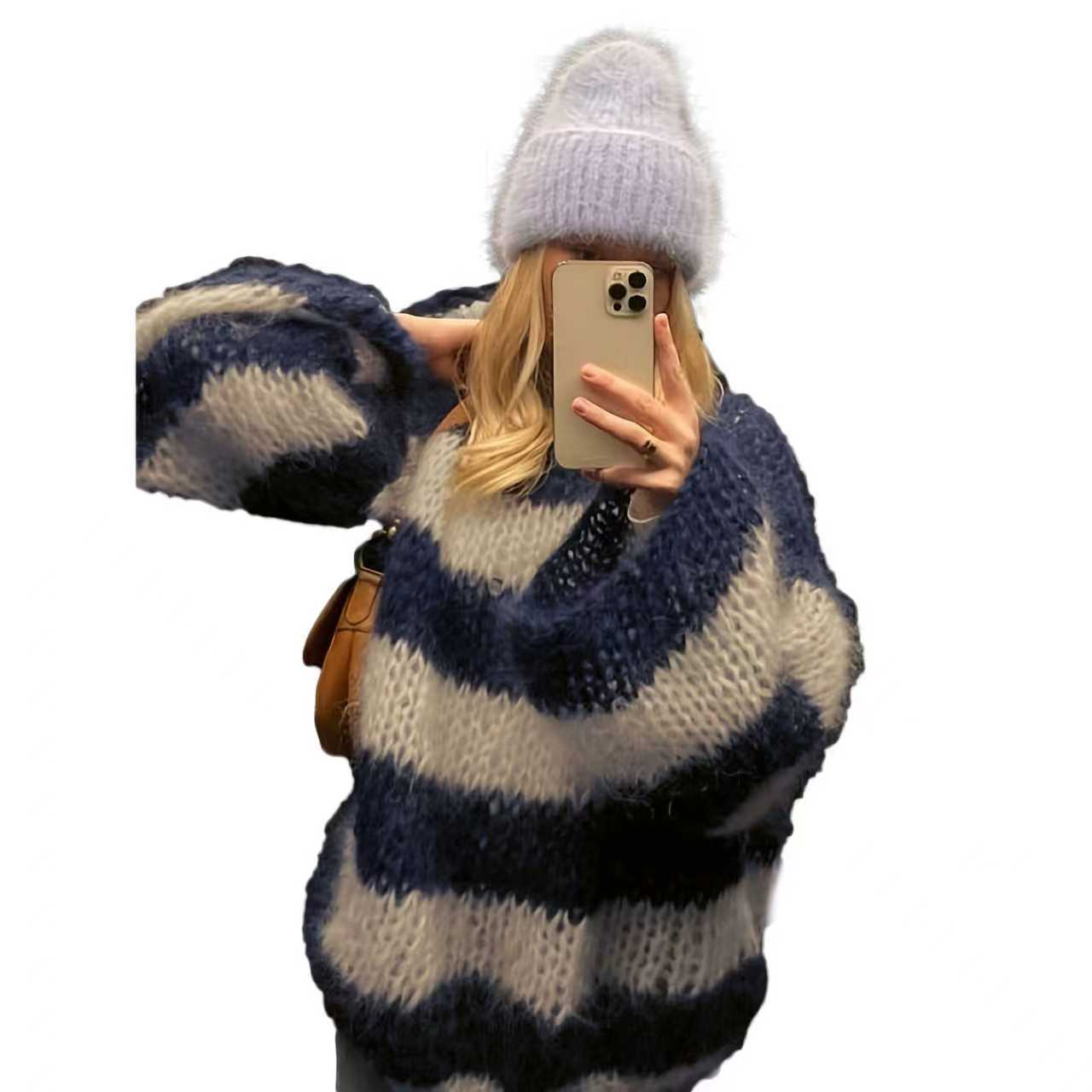 Crew-neck Contrast-striped Loose-fit Casual Chic Versatile Knit Pullover