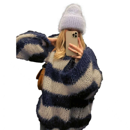 Crew-neck Contrast-striped Loose-fit Casual Chic Versatile Knit Pullover