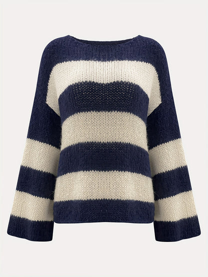 Crew-neck Contrast-striped Loose-fit Casual Chic Versatile Knit Pullover
