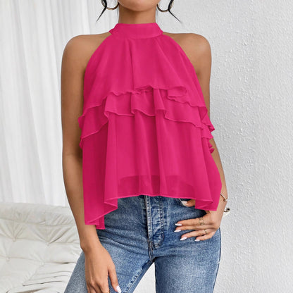 Women's Versatile Solid-color Halter-neck Sleeveless Top With An Irregular Ruffled Hem