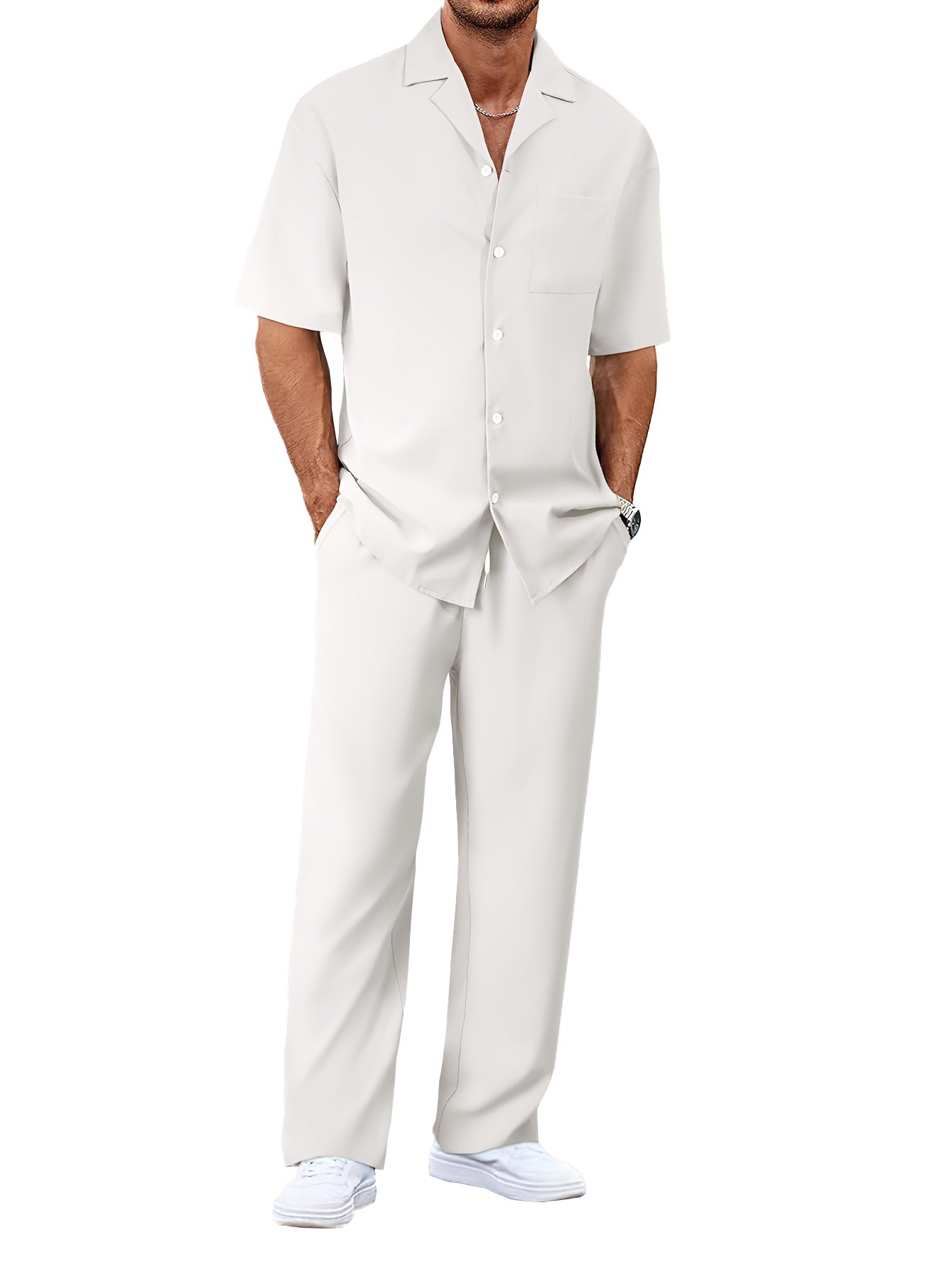 Men's Trousers Suit Fashion Lapel Button Short Sleeve Shirt And Pocket Straight Pants Clothing