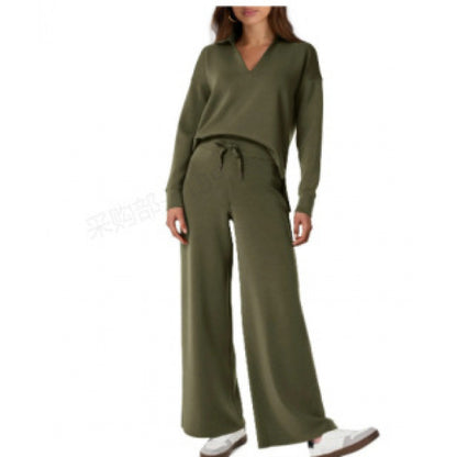 Women's Tracksuit Sports Suit V-neck Long-sleeved Pullover Top And Drawstring Straight-leg Trousers Casual Solid Trousers Set