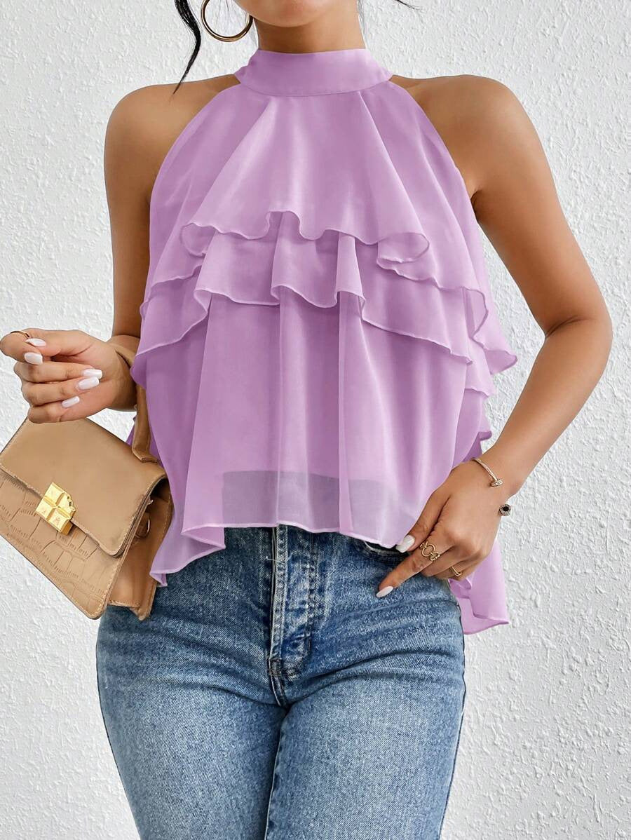 Women's Versatile Solid-color Halter-neck Sleeveless Top With An Irregular Ruffled Hem