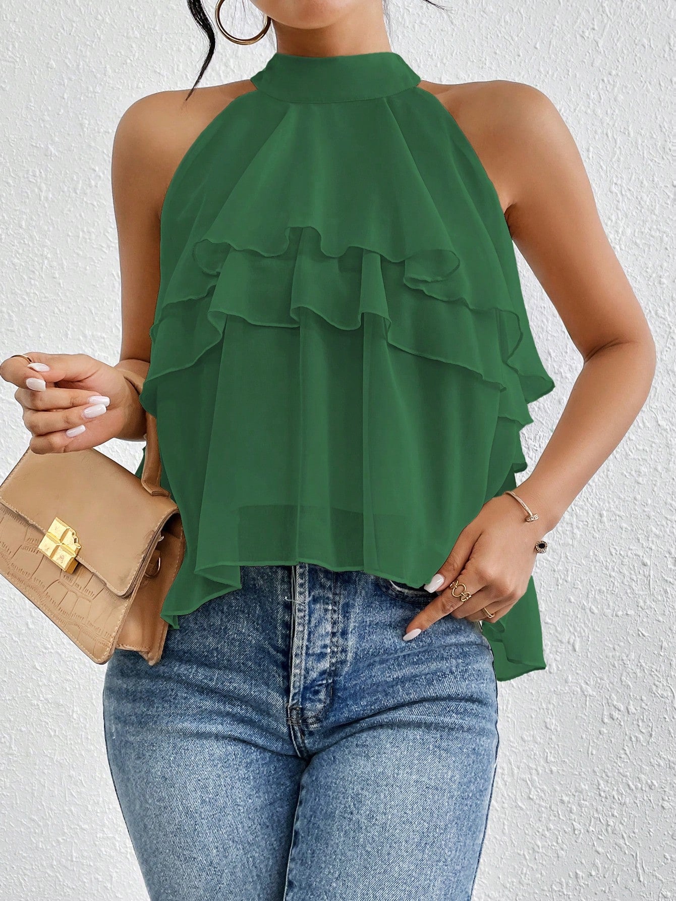 Women's Versatile Solid-color Halter-neck Sleeveless Top With An Irregular Ruffled Hem