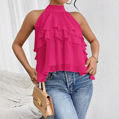 Women's Versatile Solid-color Halter-neck Sleeveless Top With An Irregular Ruffled Hem