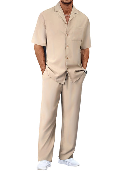 Men's Trousers Suit Fashion Lapel Button Short Sleeve Shirt And Pocket Straight Pants Clothing