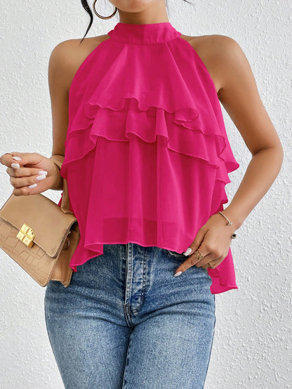 Women's Versatile Solid-color Halter-neck Sleeveless Top With An Irregular Ruffled Hem