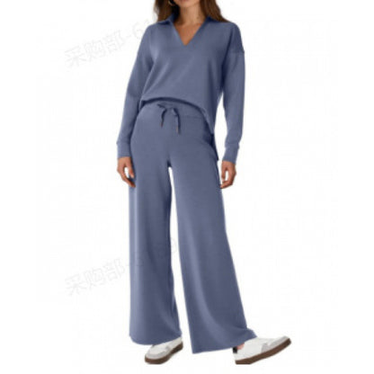 Women's Tracksuit Sports Suit V-neck Long-sleeved Pullover Top And Drawstring Straight-leg Trousers Casual Solid Trousers Set