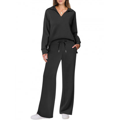 Women's Tracksuit Sports Suit V-neck Long-sleeved Pullover Top And Drawstring Straight-leg Trousers Casual Solid Trousers Set