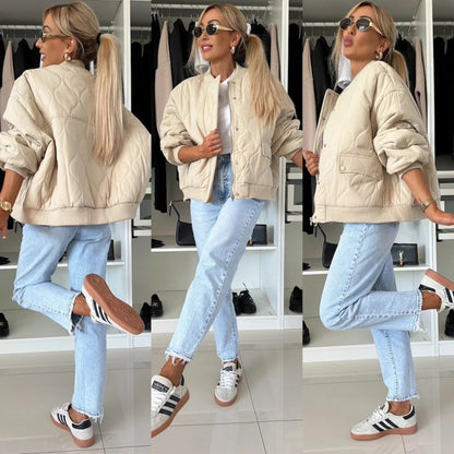 Winter Stitched Jacket Chic Fashion Casual Buckle Coat Women's Solid Color Long Sleeved Top Outwear Clothing