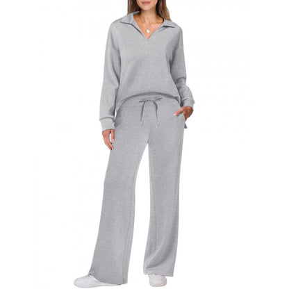 Women's Tracksuit Sports Suit V-neck Long-sleeved Pullover Top And Drawstring Straight-leg Trousers Casual Solid Trousers Set