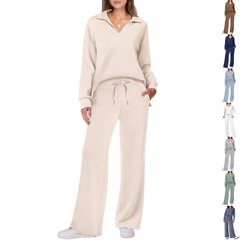 Chándal deportivo para mujer, conjunto de blusa de manga larga con cuello en V y pantalones rectos con cordón, conjunto de pantalones casuales de color liso