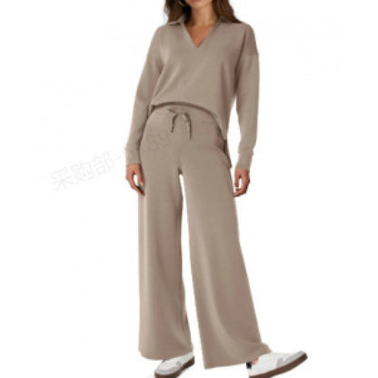 Women's Tracksuit Sports Suit V-neck Long-sleeved Pullover Top And Drawstring Straight-leg Trousers Casual Solid Trousers Set