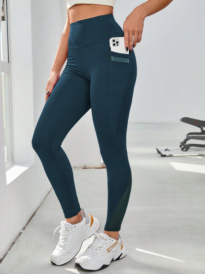 High Waist Grenadine Stitching Yoga Pants Pocket Quick-drying Breathable Hip Lifting Sport