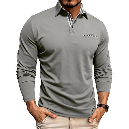 Casual Plaid Splicing Lapel Polo Shirt Fashion Solid Color Long Sleeve Top Men's Clothing