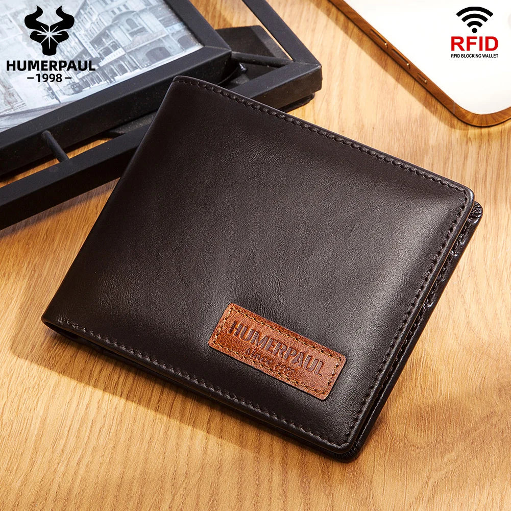 HUMERPAUL Airtag Wallet For Men Real Leather RFID Trifold Card Holder Case with ID Window Slim Anti-lost Purse