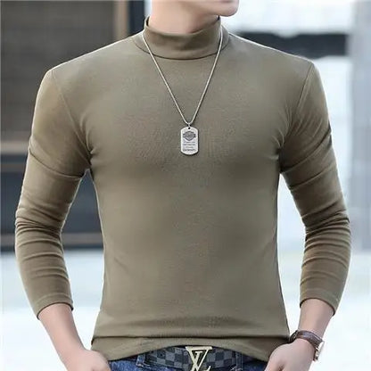 Fashion Men's Oversize High Collar Long Sleeves Autumn Winter Pure Thermal Shirt for Men  Layering Stylish T-Shirt