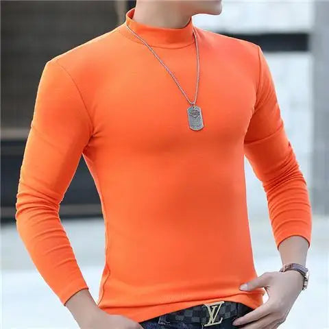 Fashion Men's Oversize High Collar Long Sleeves Autumn Winter Pure Thermal Shirt for Men  Layering Stylish T-Shirt