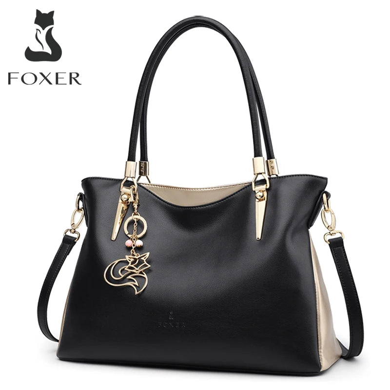 FOXER Elegant Women Shoulder Tote Bag Cowhide Fashion Luxury Design Female Handbag Purse Festival Gift for Wife,Mom