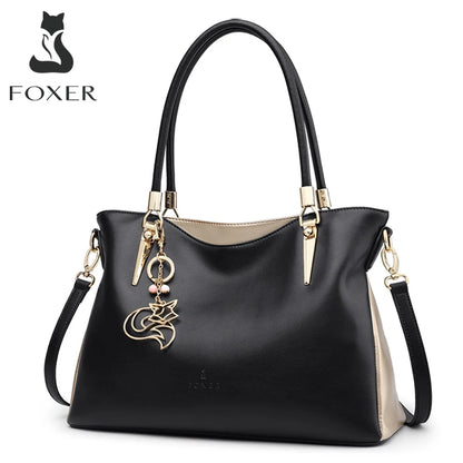 FOXER Elegant Women Shoulder Tote Bag Cowhide Fashion Luxury Design Female Handbag Purse Festival Gift for Wife,Mom