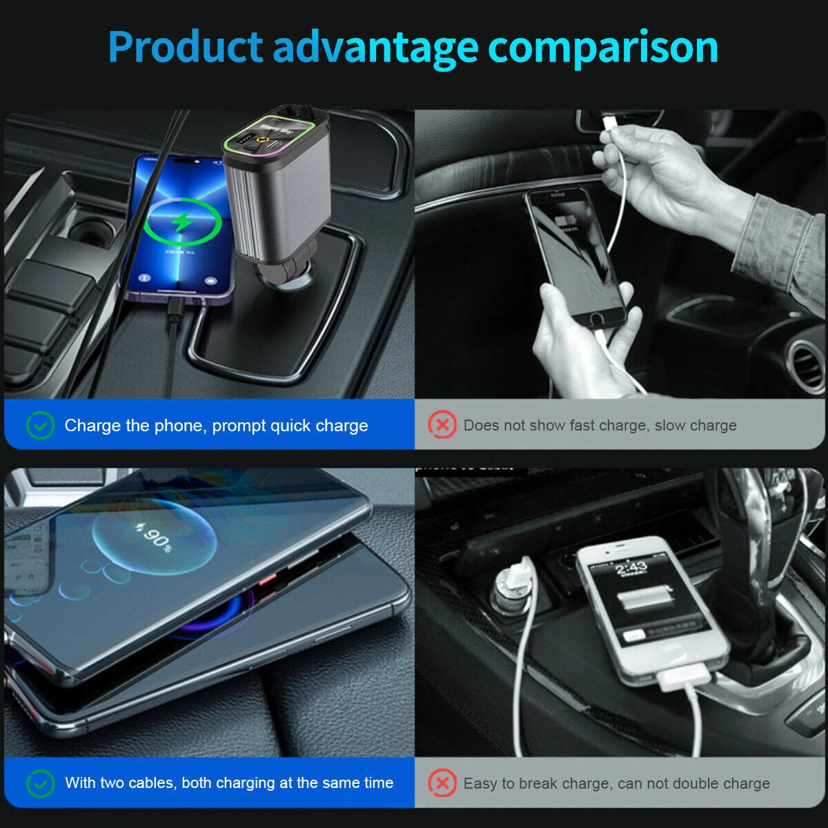 4-in-1 Car Charger with 2 Retractable Cable 120W Fast Charger Power Adapter Car Charger With Starlight For IOS Android Phones - Temfuly