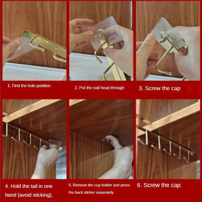 Double-row Hooks Punch-free Kitchen Cupboard Under Shelf Mug Cup Hanger Hook Iron Hanging Rack Holder Kitchen Cabinet Organizer