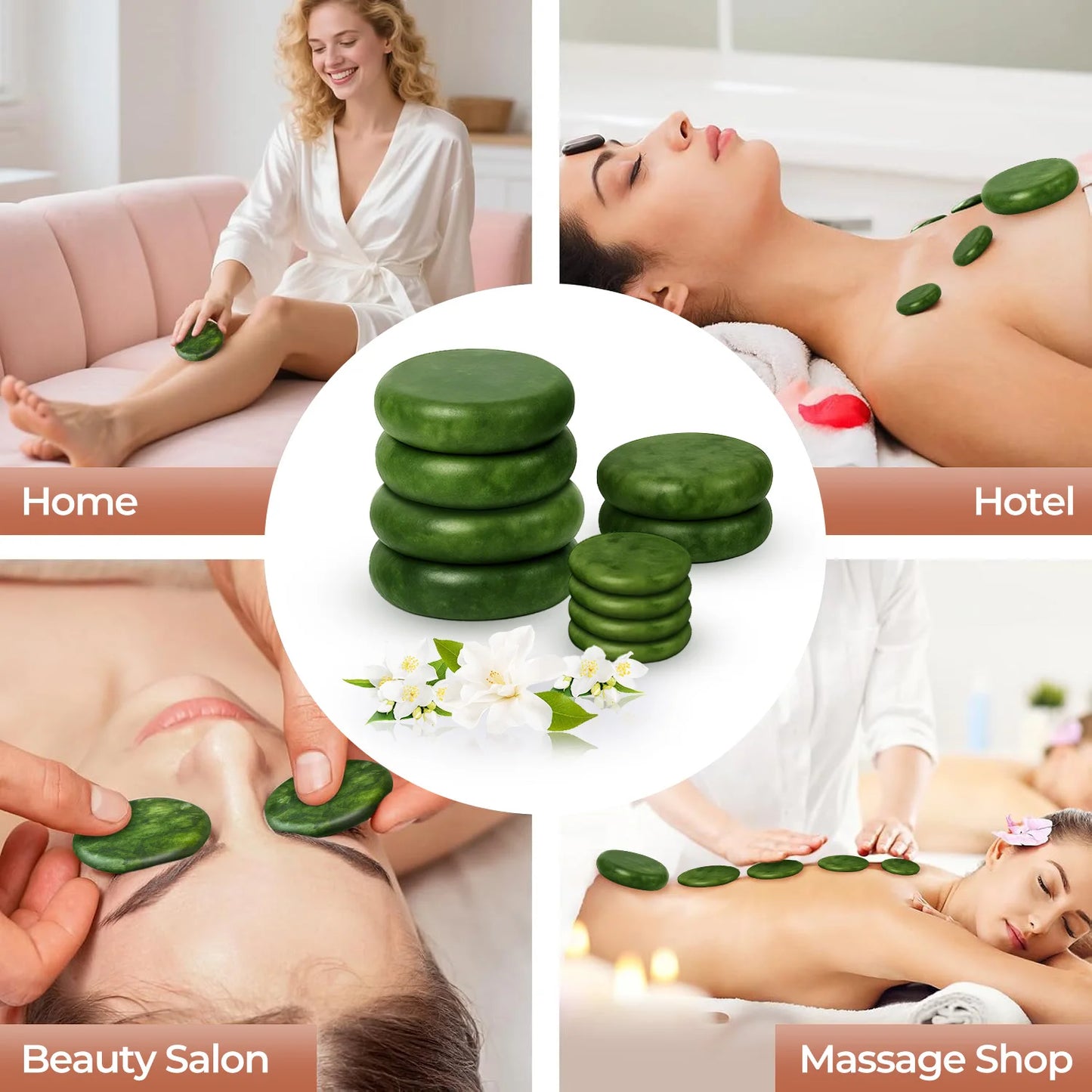 10pcs Olive green natural stone, used as a professional spa/home body relaxation massage tool.