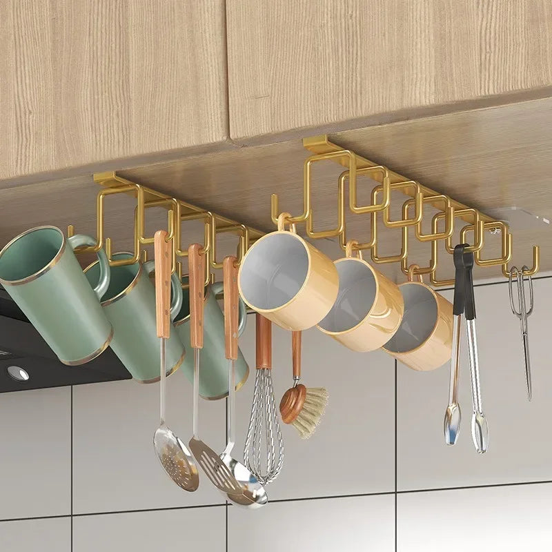 Double-row Hooks Punch-free Kitchen Cupboard Under Shelf Mug Cup Hanger Hook Iron Hanging Rack Holder Kitchen Cabinet Organizer
