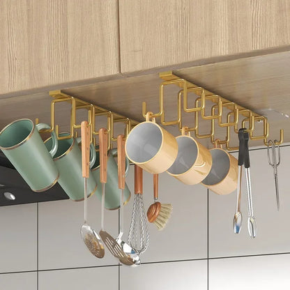 Double-row Hooks Punch-free Kitchen Cupboard Under Shelf Mug Cup Hanger Hook Iron Hanging Rack Holder Kitchen Cabinet Organizer