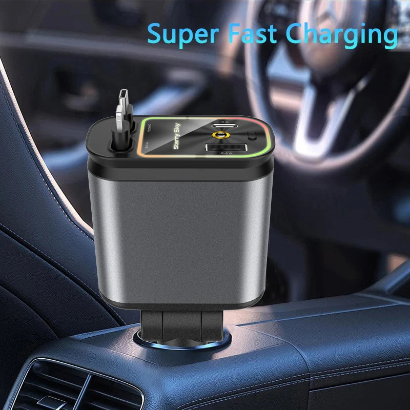 4-in-1 Car Charger with 2 Retractable Cable 120W Fast Charger Power Adapter Car Charger With Starlight For IOS Android Phones - Temfuly