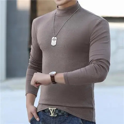 Fashion Men's Oversize High Collar Long Sleeves Autumn Winter Pure Thermal Shirt for Men  Layering Stylish T-Shirt