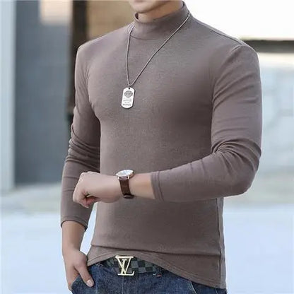 Fashion Men's Oversize High Collar Long Sleeves Autumn Winter Pure Thermal Shirt for Men  Layering Stylish T-Shirt