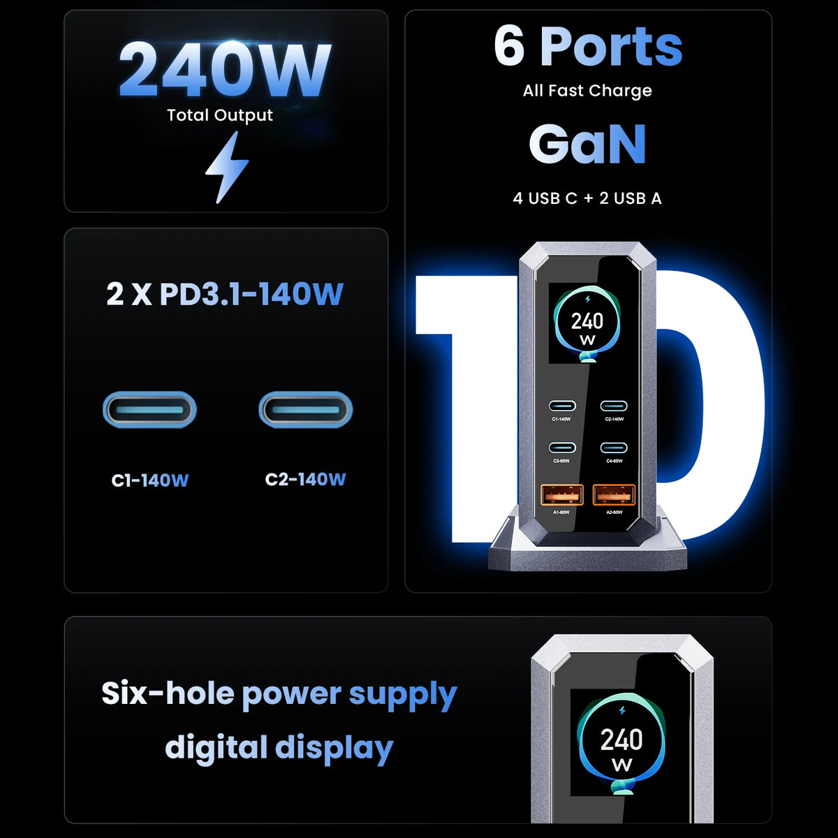 Pd Desktop 240W GaN Charger PD3.1 140W USB Type C 6 Ports PPS PD Desktop Fast ...
