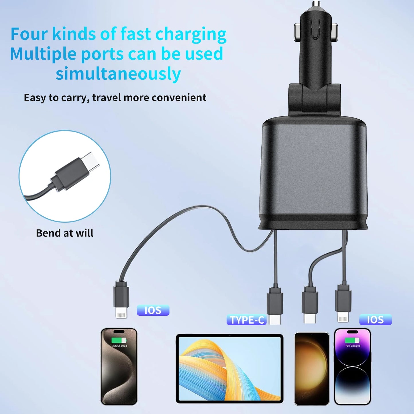 4-in-1 Car Charger with 2 Retractable Cable 120W Fast Charger Power Adapter Car Charger With Starlight For IOS Android Phones - Temfuly