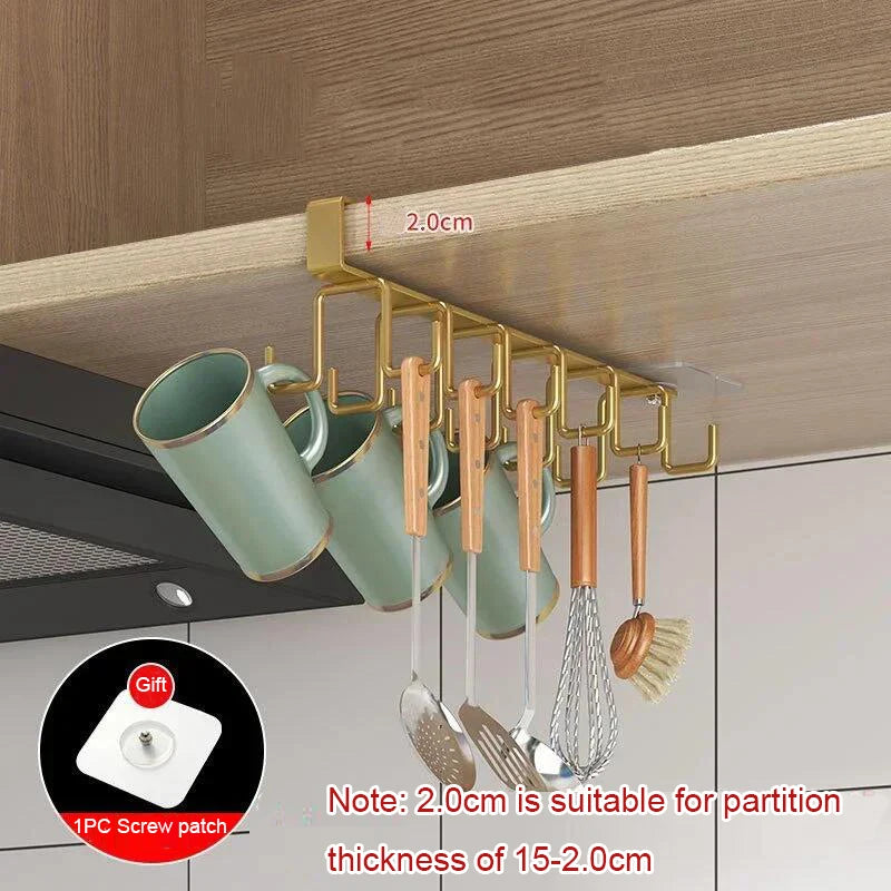 Double-row Hooks Punch-free Kitchen Cupboard Under Shelf Mug Cup Hanger Hook Iron Hanging Rack Holder Kitchen Cabinet Organizer