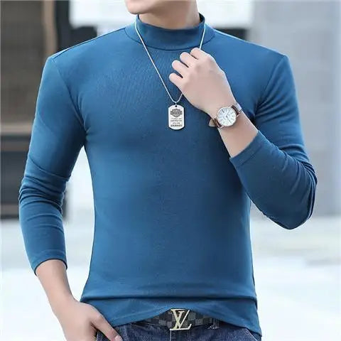 Fashion Men's Oversize High Collar Long Sleeves Autumn Winter Pure Thermal Shirt for Men  Layering Stylish T-Shirt