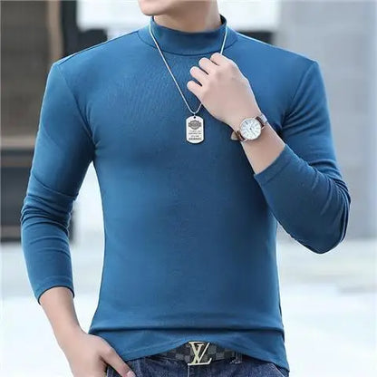 Fashion Men's Oversize High Collar Long Sleeves Autumn Winter Pure Thermal Shirt for Men  Layering Stylish T-Shirt
