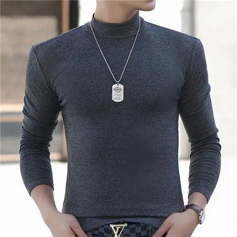 Fashion Men's Oversize High Collar Long Sleeves Autumn Winter Pure Thermal Shirt for Men  Layering Stylish T-Shirt