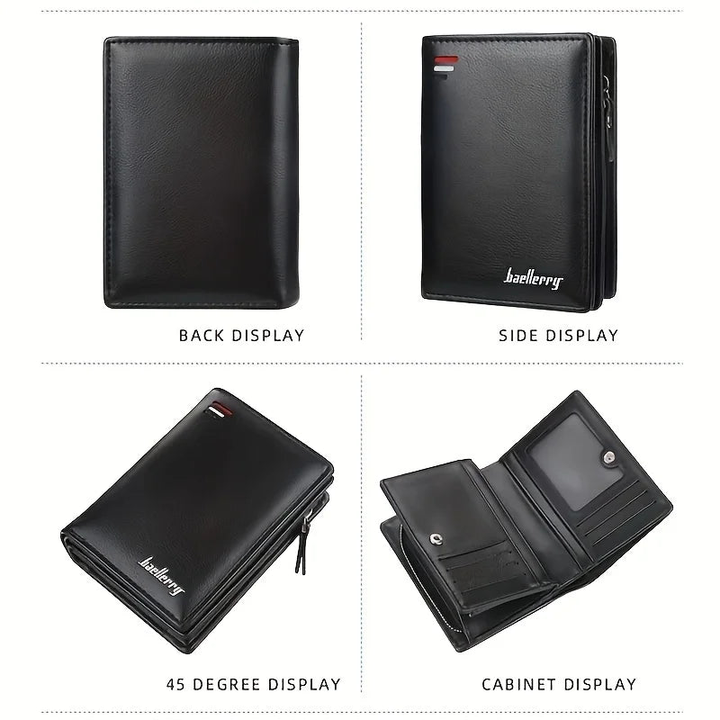 New Men PU Leather Short Wallet with Zipper Coin Pocket Vintage Big Capacity Male Short Money Purse Card Holder