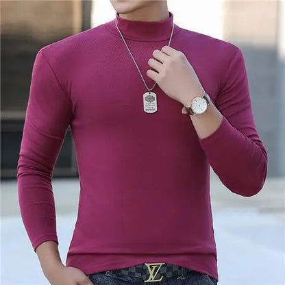 Fashion Men's Oversize High Collar Long Sleeves Autumn Winter Pure Thermal Shirt for Men  Layering Stylish T-Shirt