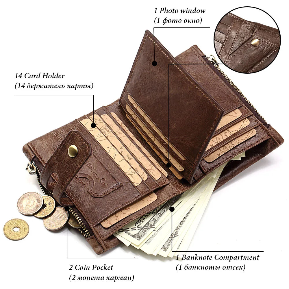 HUMERPAUL Retro Wallet for Men RFID Genuine Leather Hasp Zipper Card Holder Coin Purse Short Bifold Men Women Portomonee