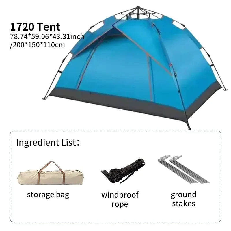 Automatic Pop-Up Camping Tent, 3–4 Person, Rain & Sunproof