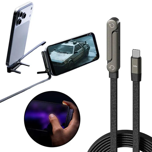 Type-C Foldable Charging Cable with Stand 240W Fast Charge 2-in-1 Cord for Phone/Tablet Type-C to C & USB-A to C