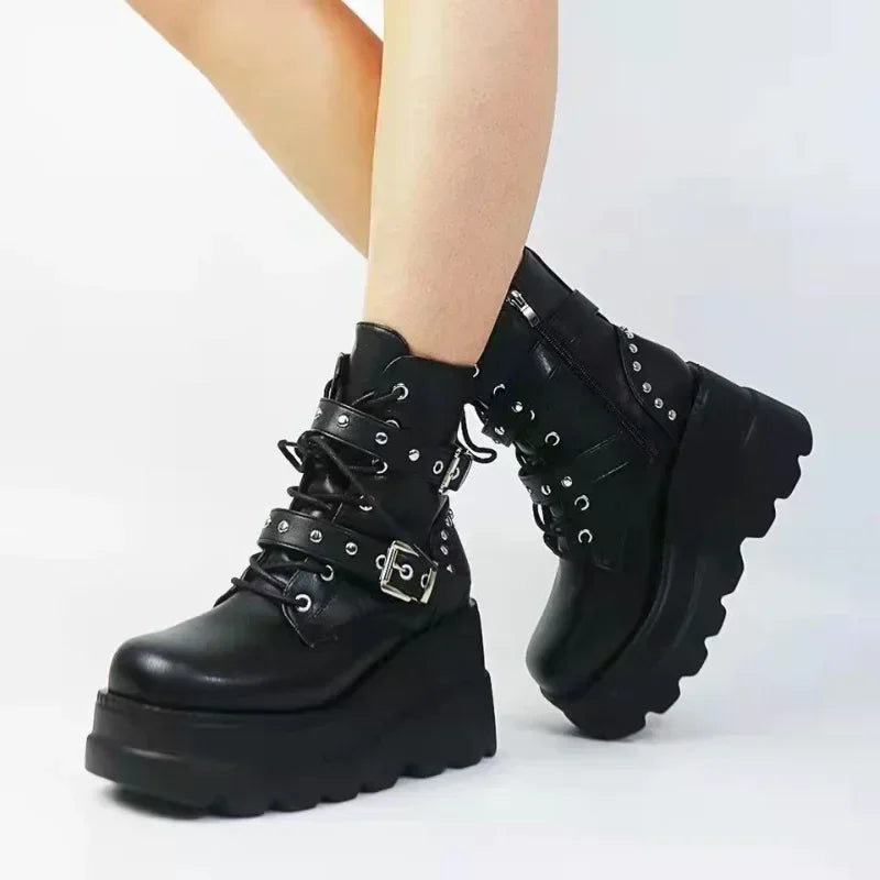 New Women Pu Leather Ankle Booties Woman Autumn Winter Round Toe Lace Up Shoes Woman Motorcycle Platform Gothic Boots Cosplay