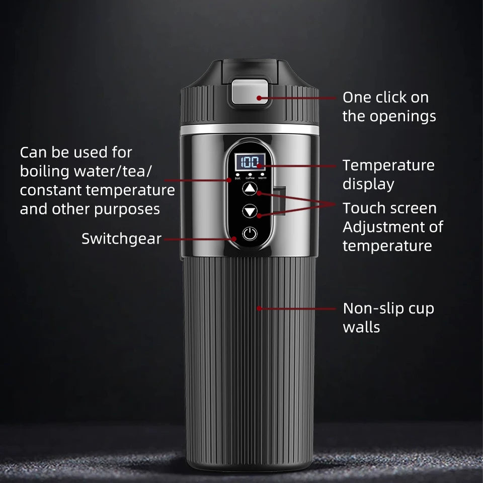 12V/24V 500ML Electric Heating Cup Kettle 304Stainless Steel Water Heater Bottle Auto Shut Off Fast Boiling Cup For Travel Car